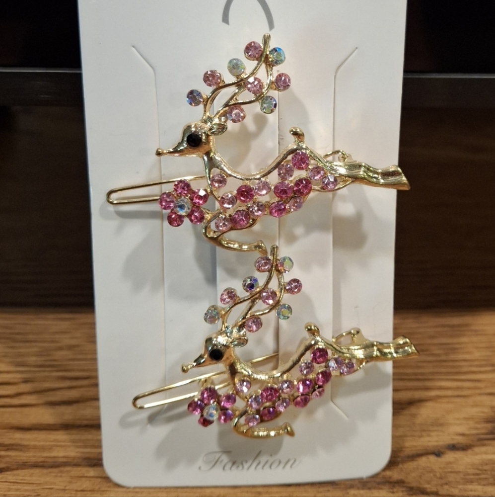 Gold & Pink Reindeer Barette Set